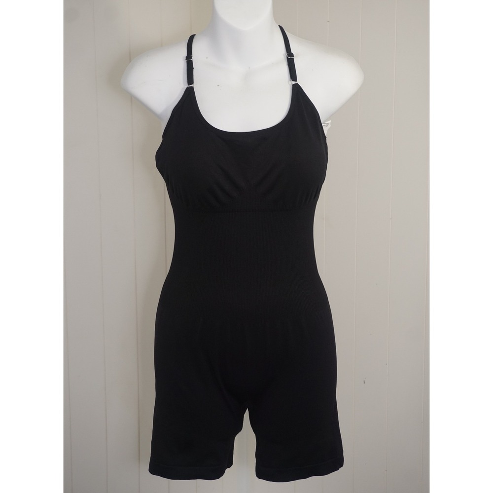 Black Medium Ribbed Athletic Romper Strappy Back Detail